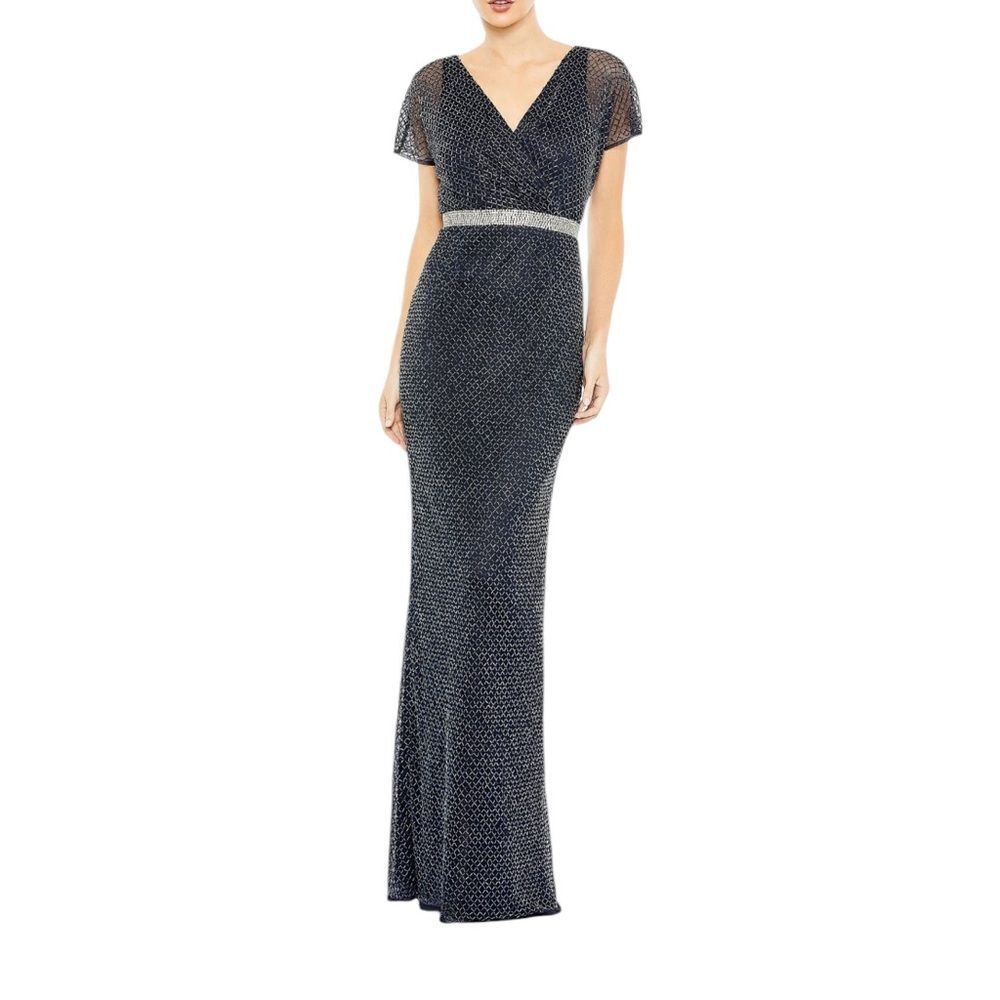 Mac Duggal 93678 Navy Blue Beaded Column Maxi Dress | 2